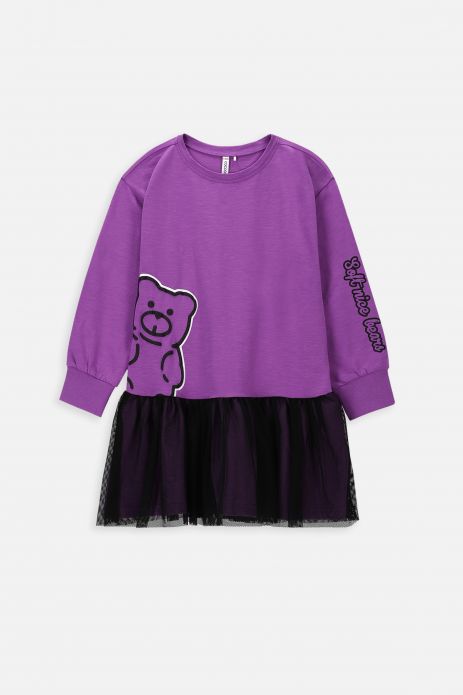 Pleteninové šaty fialová s volánikom a potlačou  medveďa