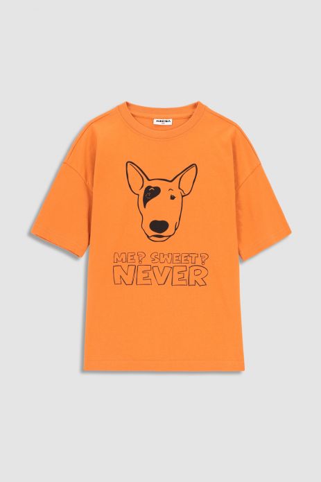Tričko s krátkym rukávom oranžový s potlačou psa 2