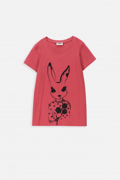 Tričko s krátkym rukávom červený s romantickým králikom