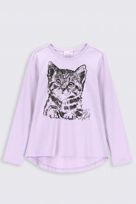 Tričko s dlhým rukávom fialový s potlačou mačky